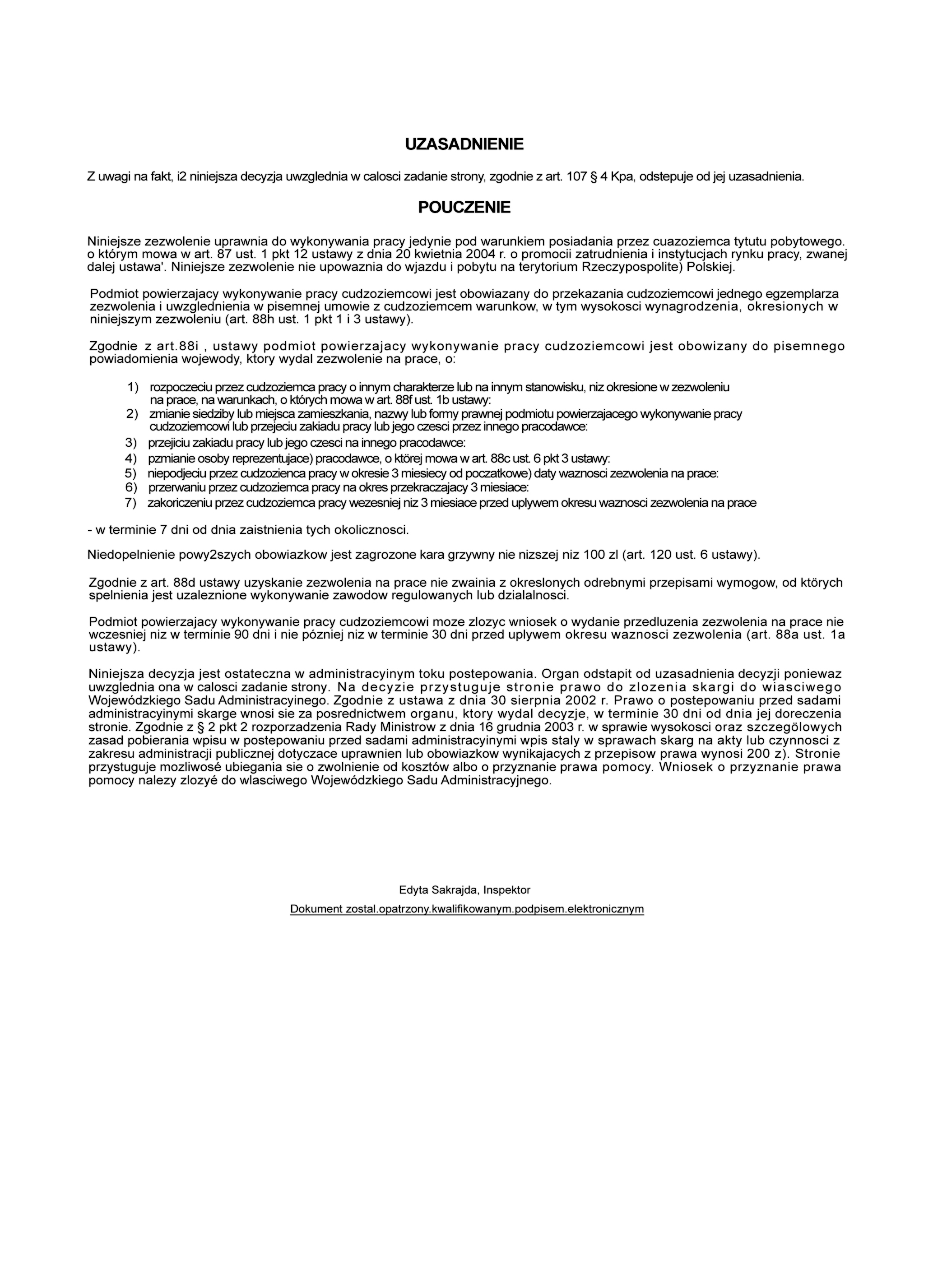 Poland foreigner work certificate page 2